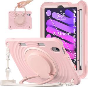 BONAEVER Shockproof Case for iPad Mini 7 (A17 Pro) 2024 / iPad Mini 6 8.3 inch 2021 Protective Cover with 360° Rotating Stand, Hand/Shoulder Strap, Pencil Holder Pink