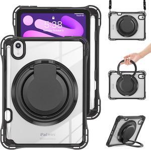 BONAEVER Case for iPad Mini 7 A17 Pro / Mini 6, iPad Mini 6th/7th Gen 2021 2024 8.3 Inch Shockproof Rugged Protective Cover with 360 Rotating Stand Pencil Holder Hand/Shoulder Strap Transparent Back