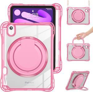 BONAEVER Case for iPad Mini 7 A17 Pro / Mini 6, iPad Mini 6th/7th Gen 2021 2024 8.3 Inch Shockproof Rugged Protective Cover with 360 Rotating Stand Pencil Holder Hand/Shoulder Strap Transparent Back