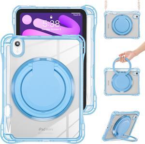 BONAEVER Case for iPad Mini 7 A17 Pro / Mini 6, iPad Mini 6th/7th Gen 2021 2024 8.3 Inch Shockproof Rugged Protective Cover with 360 Rotating Stand Pencil Holder Hand/Shoulder Strap Transparent Back