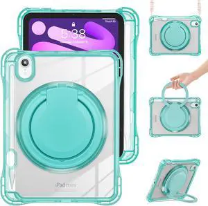 BONAEVER Case for iPad Mini 7 A17 Pro / Mini 6, iPad Mini 6th/7th Gen 2021 2024 8.3 Inch Shockproof Rugged Protective Cover with 360 Rotating Stand Pencil Holder Hand/Shoulder Strap Transparent Back
