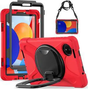 BONAEVER Case for Xiaomi Redmi Pad SE 8.7 inch 2024, Shockproof Cover with Pencil Holder, 360° Rotating Hand Strap & Stand & Shoulder Strap Red