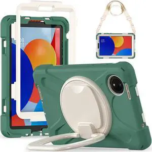BONAEVER Case for Xiaomi Redmi Pad SE 8.7 inch 2024, Shockproof Cover with Pencil Holder, 360° Rotating Hand Strap & Stand & Shoulder Strap Dark Green