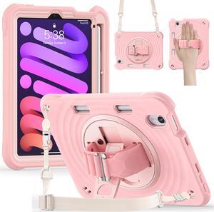 BONAEVER Case for iPad Mini 7 2024 (A17 Pro) / Mini 6 Case 8.3 inch 2021 with Pencil Holder/360 Rotate Stand/Shoulder Strap, Shockproof Cover iPad Mini 7th/6th Generation Pink