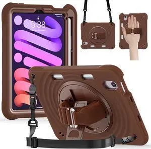 BONAEVER Case for iPad Mini 7 2024 (A17 Pro) / Mini 6 Case 8.3 inch 2021 with Pencil Holder/360 Rotate Stand/Shoulder Strap, Shockproof Cover iPad Mini 7th/6th Generation Chocolate