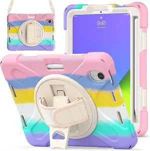 BONAEVER For iPad Mini 7 (A17 Pro) 2024/ Mini 6 8.3'' with Pencil Holder / 360 Rotation Stand / Hand Strap Shoulder Strap Rugged Shockproof Cover for iPad Mini 7th Mini 6th Gen 8.3 Inch rainbow