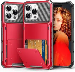 BONAEVER Compatible with iPhone 16 Pro Max Case with Card Holder [Store 5 Cards] Heavy Duty Dual Layer Shockproof Wallet Case with Hidden Card Slot Large Storage Cover for Men & Women 6.9 inch Red