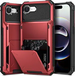 BONAEVER Compatible with iPhone 16e Case with Card Holder [Store 5 Cards] Heavy Duty Dual Layer Shockproof Wallet Case with Hidden Card Slot Large Storage Cover for iPhone 16e 6.1 inch Red