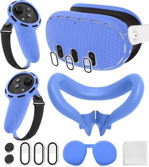 BONAEVER Silicone Cover Set Compatible with Oculus/Meta Quest 3 Accessories, Touch Controller Grips Cover, VR Shell Cover, Facial Interface Cover, Protective Lens Cover, Tempered Glass Lens Caps Blue