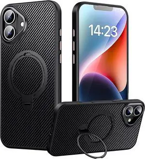 BONAEVER Case for iPhone 16, Compatible with MagSafe, [Built-in 360° Spin Magnetic Stand] Military Grade Shockproof Gen-5 Aramid Fiber Case Protective Cover for iPhone 16 6.1 Inch, Black