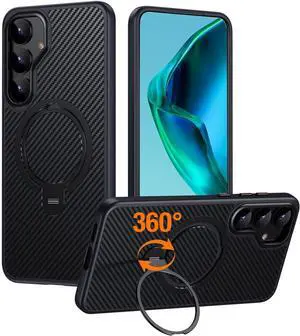 BONAEVER for Samsung Galaxy S25 Plus Case, Dual 360° Spin Magnetic Stand & Magnetic Ring, Carbon Fiber Made, Compatible with Magsafe, Shockproof Cover for Galaxy S25 Plus 6.7"