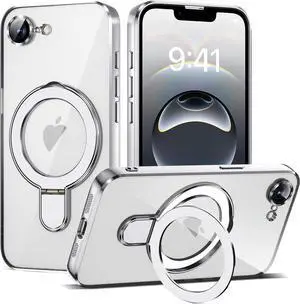 BONAEVER for iPhone 16E Case with Invisible Magnetic Ring Stand [Compatible with Mag-Safe] [Full Camera Lens Protector] Plating Clear Phone Case for iPhone 16E 6.1" Clear