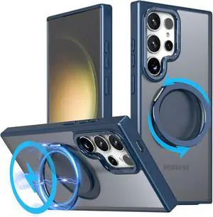 BONAEVER for Samsung Galaxy S23 Ultra / S22 Ultra 6.8 inch Case with 360° Rotatable Magnetic Ring Kickstand [Compatible with Magsafe] Military Grade Shockproof Translucent Protective Cover Blue