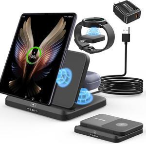 BONAEVER for Samsung Z Fold 6 Wireless Charger Station, 3 in 1 Foldable Fast Charging Stand for Galaxy Z Fold 6/5/4/3, Z Flip 6/5/4/3, S24 Ultra/S23, Travel Galaxy Watch Charger for Ultra 7 6 5 Pro