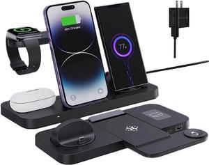 BONAEVER 6-in-1 Fast Wireless Charging Station for iPhone 16/15/14/13 Series, Apple Watch Ultra/9/8/7/6/5/4/3/2/1, AirPods Pro/1/2,18W Qi-Certified Wireless Charger with QC 3.0 Adapter