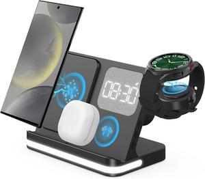 4 in 1 Wireless Charger with Alarm Clock Compatible for Galaxy Watch 7/Ultra/FE/6/5 Pro Galaxy S25/Ultra/S25+/S24/S23/Note 20/Z Flip 6/5 Fold 6/5 Galaxy Buds 3/2/Pro Multiple Devices Charging Station