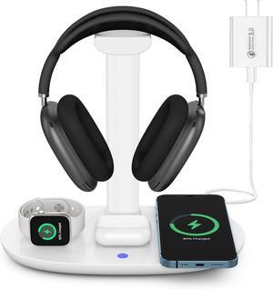 BONAEVER Headphone Stand with 15w Wireless Charger, 4 in 1 Charging Station Headset Holder for AirPods Max/Pro/4/3/2 iWatch 10/9/8/7/6/5/4/3/2/1/SE iPhone 16/15/14/13/12/11/X for Desktop Table Game