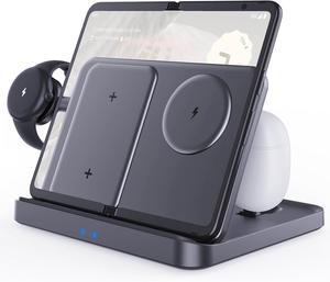 BONAEVER 3 in 1 Foldable Wireless Charging Station for Google Pixel 9 Pro Fold/9 Pro/9/8 Pro/8A/7/6/5/4, Pixel Buds and Pixel Watch 1, 15W Wireless Charger Stand, Not for Pixel Watch 2nd