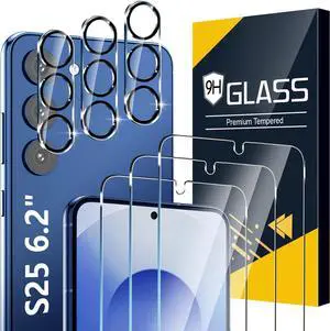 BONAEVER 3 Pack Glass Screen Protector for Samsung Galaxy S25 [6.2 inch] + 3 Pack Camera Lens Protector, 9H Tempered Glass, Fingerprint Unlock, HD Clear Case Friendly Anti-Scratch