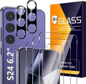 BONAEVER 3 Pack Glass Screen Protector for Samsung Galaxy S24 [6.2 inch] + 2 Pack Black Camera Lens Protector, 9H Tempered Glass, Fingerprint Unlock, HD Clear Case Friendly Anti-Scratch