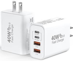 2 Pack USB C Wall Fast Charger Block, 40W 4-Port Type C Charger Fast Charging Blocks PD Power Charger Adapter+QC 3.0 USB Multiport Charger Brick for iPhone 16/15/14/13/12 Pro Max, iPad, Galaxy S25 S24