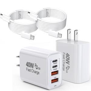 BONAEVER 10FT iPhone 16 15 Pro Charger, 2Pack 10Foot USB C to C Cable Cord 40W USB C Apple Charger 4 Port PD AC Charger Block Fast Charging for iPhone 16/16 Pro/16 Pro Max/16 Plus/15/15 Pro/15Pr/iPad