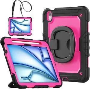 BONAEVER Case for iPad Pro 11 Inch 2024 M4 2024 5th Generation A2836 A2837 A3006, Shockproof Protective Cover with Screen Protector, Rotating Stand, Hand/Shoulder Strap, Pencil Holder Rose Red
