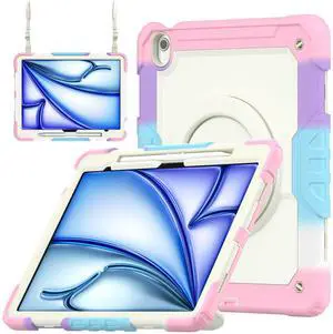 BONAEVER Case for iPad Air 13 inch M3 2025 / M2 2024 with Built-in Screen Protector, 360° Rotating Stand, Pencil Holder, Adjustable Shoulder Strap, Pencil Holder Pink