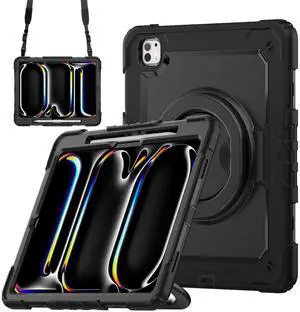 BONAEVER Case for iPad Pro 13 Inch M4 7th Generation 2024 A2925 A2926 A3007 with Built-in Screen Protector, 360° Rotating Stand, Pencil Holder, Adjustable Shoulder Strap, Pencil Holder
