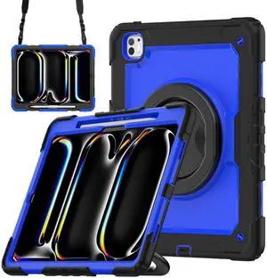BONAEVER Case for iPad Pro 13 Inch M4 7th Generation 2024 A2925 A2926 A3007 with Built-in Screen Protector, 360° Rotating Stand, Pencil Holder, Adjustable Shoulder Strap, Pencil Holder Blue