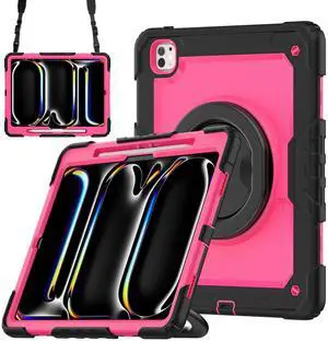 BONAEVER Case for iPad Pro 13 Inch M4 7th Generation 2024 A2925 A2926 A3007 with Built-in Screen Protector, 360° Rotating Stand, Pencil Holder, Adjustable Shoulder Strap, Pencil Holder Rose Red