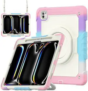 BONAEVER Case for iPad Pro 13 Inch M4 7th Generation 2024 A2925 A2926 A3007 with Built-in Screen Protector, 360° Rotating Stand, Pencil Holder, Adjustable Shoulder Strap, Pencil Holder Pink