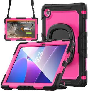 BONAEVER Case for Lenovo Tab 10.1 inch 2025 Model TB311FU TB311XU with Screen Preotector Pencil Holder Shockproof Rugged Cover with Kickstand Hand Strap Shoulder Strap Rose Red