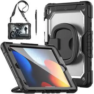 BONAEVER For iPad 9th 8th 7th Generation Case 10.2 inch with Screen Protector Pencil Holder [360 Rotating Hand Strap] & Stand Drop-Proof Cover for iPad 10.2 inch 2021 2020 2019 Transparent