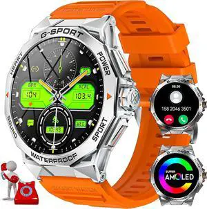 BONAEVER Military Smart Watch for Men AMOLED 1.43" Rugged Smart Watch with 100+ Sports Modes Fitness Tracker Watch with Heart Rate Sleep Tracker Tactical Smartwatch for iPhone Android Orange