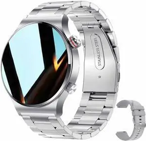BONAEVER Bluetooth Calls Smart Watch Men Women Heart Rate Sleep Monitor Steps IP67 Waterproof Sport Fitness Tracker 1.3''Touch Screen Fasion Black Stainless Steel Smart Watches for Android iOS Silver