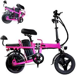 A9 14'' Electric Folding Bike Bicycle Peak 750W Brushless Motor 48V 20AH Li-ion Removable Battery 20mph Pink