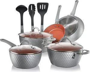 NutriChef 11 Pc Nonstick Cookware - PTFE/PFOA/PFOS Free Kitchenware Pots & Pans Set with Saucepan, Frying Pans, Cooking Pots, Lids, Utensils, Gray