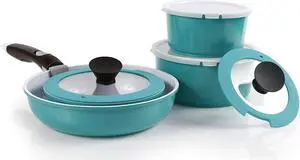 Neoflam Midas PLUS 9pc Nonstick Cast Aluminum Cookware Set, PFOA Free Kitchenware with Saucepan,Frying Pan,Stove|Oven Pot, Tempered Glass Lid and Smart Detachable Handle,Oven Safe,Space-Saving,Emerald