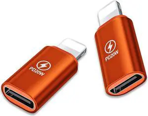 USB C to Lightning Adapter 2 Pack 20W PD Fast Charging Lightning Male to Type C Female Converter for iPhone iOS Black Orange