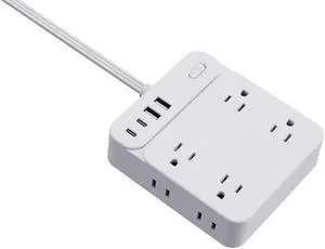 Power Strip With USB, Extension Cord, 8 Outlets 2 USB Ports (2 USB C), Ultra Thin Flat Plug, Wall Mount, No Surge Protector Extension Cord Indoor, For Living Room/Bedroom White 5 ft.