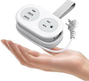 Travel Power Strip, 3.7FT Small Extension Cord, Portable Power Strip Flat Plug with 2 AC Outlets 3 USB Ports (1 USB C), Multi Plug Extension Cord for Travel, Cruise, Office, Hotels White