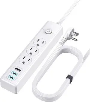Power Strip with USB Ports,3 Outlets 3 USB Ports(2 USB C) ,Flat Plug Power Strip for Cruise Accessories Must Haves No Surge Protector for Cruise Ship, Travel, Dorm, Home Office White 15 ft.
