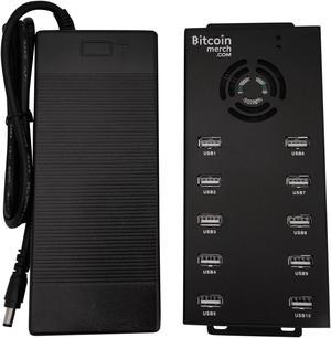 Bitcoin Merch® - 10 Port Powered USB Hub ONLY 120W 12V 10A, FOR NewpPac, Antminer, Moonlander - USB Miners NOT included!