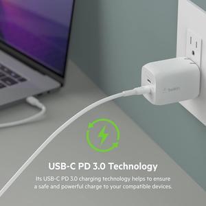 BELKIN WCH013dq2MWH-B6 White Dual USB-C GaN Wall Charger with PPS 65W + USB-C to USB-C Cable