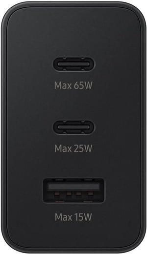 samsung 65w 3-port super fast charging wall charger, 1x usb-c 65w, 1x usb-c 25w, 1x usb-a 25w, max capacity 65w (cable not included), black, us version