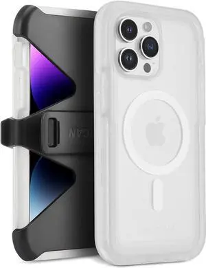 Pelican Voyager Series - iPhone 14 Pro Max Case 6.7" [Compatible with MagSafe] [Anti-Yellow] Magnetic Charging Phone Case With Belt Clip Holster Kickstand [18ft Military Grade Drop Protection] - Clear