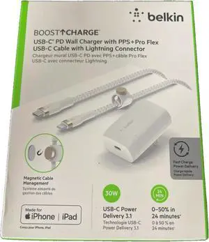 Belkin Boost Charge USB-C PD Wall Charger With PPS+ Pro Flex 30W USB-C Cable With Lightning Connector White
