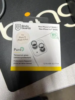 BodyGuardz Silver Glitter Pure 3 Tempered Glass Camera Protector - iPhone 15/15 Plus