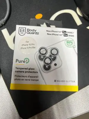 BodyGuardz Silver Glitter Pure 3 Tempered Glass Camera Protector - iPhone 15 Pro/15 Pro Max